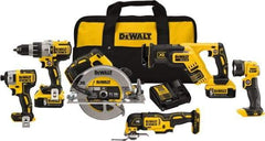 DeWALT - 20 Volt Cordless Tool Combination Kit - Includes 1/2" Brushless Hammerdrill, 1/4" Brushless Impact Driver, Brushless Reciprocating Saw, 7-1/2" Brushless Circular Saw, Oscillating Tool & LED Worklight, Lithium-Ion Battery Included - Industrial Tool & Supply