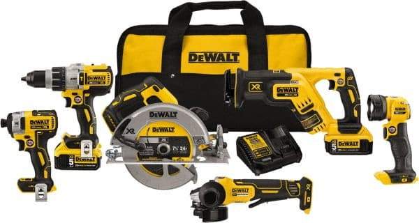 DeWALT - 20 Volt Cordless Tool Combination Kit - Includes 1/2" Brushless Hammerdrill, 1/4" Brushless Impact Driver, Brushless Reciprocating Saw, 7-1/2" Brushless Circular Saw, Cut-Off Tool/Grinder & LED Worklight, Lithium-Ion Battery Included - Industrial Tool & Supply