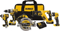 DeWALT - 20 Volt Cordless Tool Combination Kit - Includes 1/2" Brushless Hammerdrill, 1/4" Brushless Impact Driver, Brushless Reciprocating Saw, 7-1/2" Brushless Circular Saw & LED Worklight, Lithium-Ion Battery Included - Industrial Tool & Supply