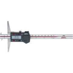 SPI - 0" to 150mm Stainless Steel Electronic Depth Gage - 0.02mm Accuracy, 0.01mm Resolution, 100mm Base Length, Hook Included - Industrial Tool & Supply