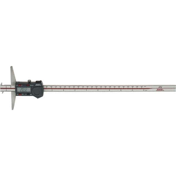 SPI - 0" to 300mm Stainless Steel Electronic Depth Gage - 0.04mm Accuracy, 0.01mm Resolution, 100mm Base Length, Hook Included - Industrial Tool & Supply