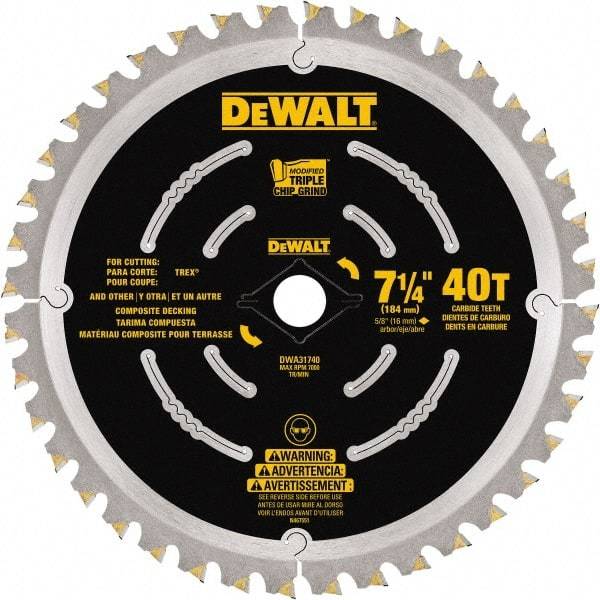 DeWALT - 7-1/4" Diam, 15.88mm Arbor Hole Diam, 40 Tooth Wet & Dry Cut Saw Blade - Steel, Framing Action, Standard Round Arbor - Industrial Tool & Supply