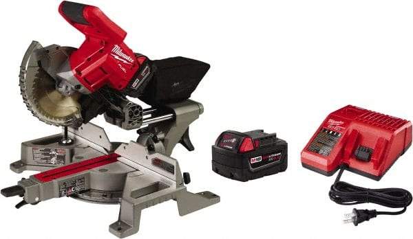 Milwaukee Tool - 5 Amp, 18 Volt, 5,000 RPM, 49° Left & Right Double Bevel Sliding Miter Saw - 5/8" Arbor, 7-1/4" Blade Diam, Includes Blade Wrench, Blade, Battery Pack & Battery Charger - Industrial Tool & Supply