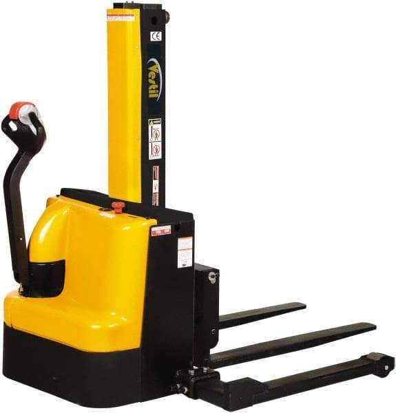 Vestil - 2,500 Lb Capacity, 90" Lift Height, Battery Powered Stacker - 2-1/8" Lowered Height, 42" Fork Length, 58" Overall Width - Industrial Tool & Supply