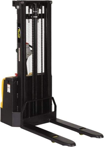 Vestil - 2,200 Lb Capacity, 118" Lift Height, Battery Powered Stacker - 3-3/8" Lowered Height, 42" Fork Length, 30" Overall Width - Industrial Tool & Supply