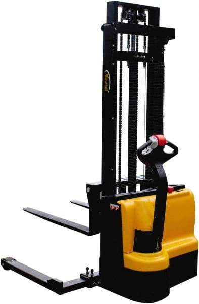 Vestil - 2,200 Lb Capacity, 118" Lift Height, Battery Powered Stacker - 2-1/8" Lowered Height, 42" Fork Length, 50" Overall Width - Industrial Tool & Supply