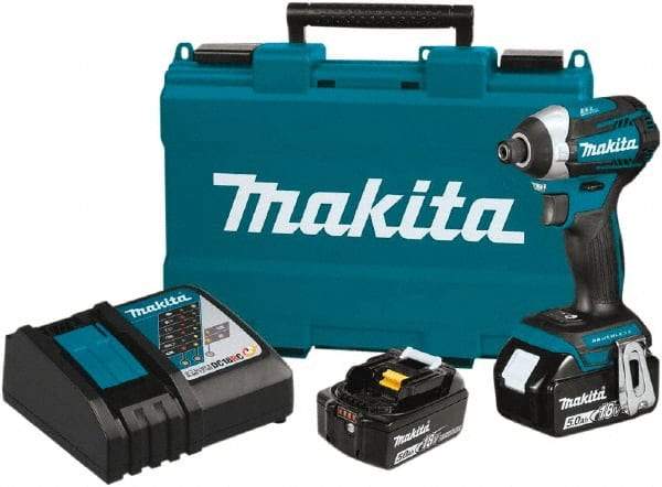 Makita - 18 Volt, 1/4" Drive, 1,550 In/Lb Torque, Cordless Impact Driver - Pistol Grip Handle, 3600 RPM, 2 Lithium-Ion Batteries Included - Industrial Tool & Supply