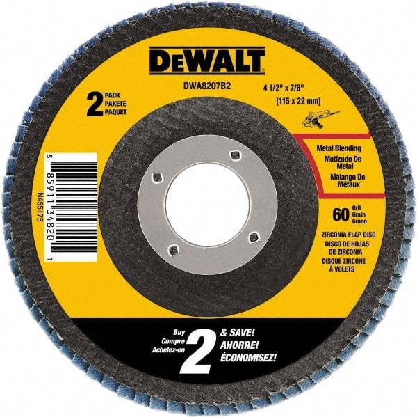 DeWALT - 60 Grit, 4-1/2" Wheel Diam, 3/4" Wheel Thickness, 7/8" Arbor Hole, Type 29 Depressed Center Wheel - Medium Grade, Zirconia Alumina, 13,300 Max RPM - Industrial Tool & Supply