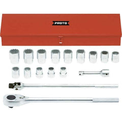 Proto - 17 Piece 1" Drive Chrome Finish Socket Set - 12 Points, 1-1/16" to 2" Range, Inch Measurement Standard - Industrial Tool & Supply