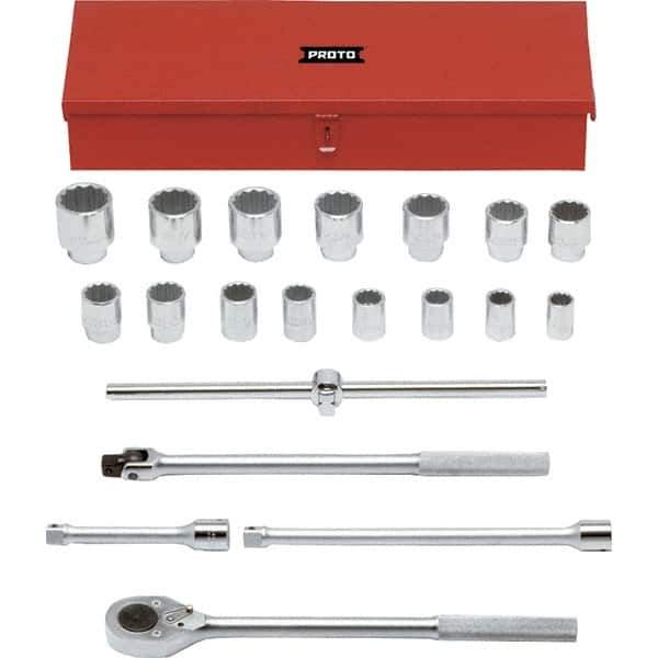 Proto - 20 Piece 3/4" Drive Chrome Finish Socket Set - 12 Points, 7/8" to 2" Range, Inch Measurement Standard - Industrial Tool & Supply