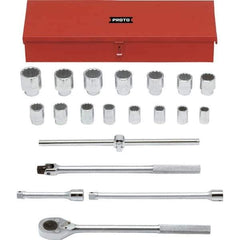 Proto - 20 Piece 3/4" Drive Chrome Finish Socket Set - 12 Points, 7/8" to 2" Range, Inch Measurement Standard - Industrial Tool & Supply