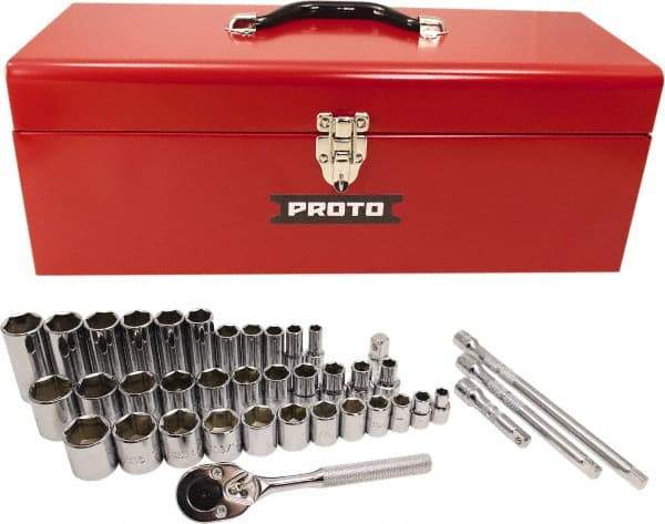 Proto - 39 Piece 3/8" & 1/2" Drive Chrome Finish Deep Well Socket Set - 6 Points, 5/16" to 1" Range, Inch Measurement Standard - Industrial Tool & Supply