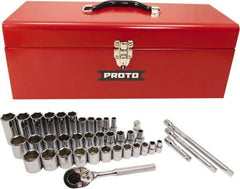 Proto - 39 Piece 3/8" & 1/2" Drive Chrome Finish Deep Well Socket Set - 6 Points, 5/16" to 1" Range, Inch Measurement Standard - Industrial Tool & Supply