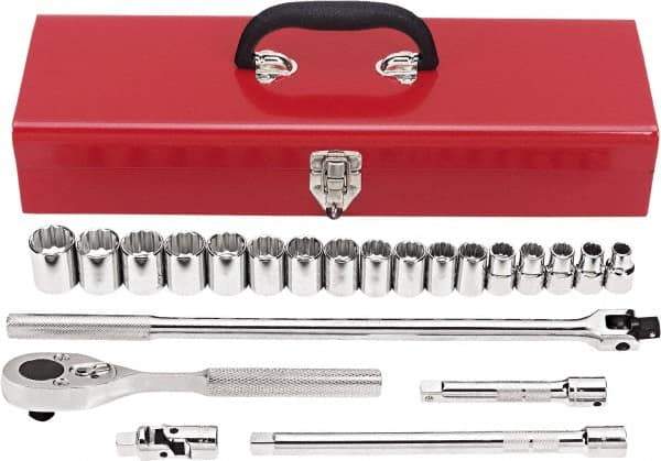 Proto - 22 Piece 1/2" Drive Chrome Finish Socket Set - 12 Points, 10mm to 26mm Range, Metric Measurement Standard - Industrial Tool & Supply