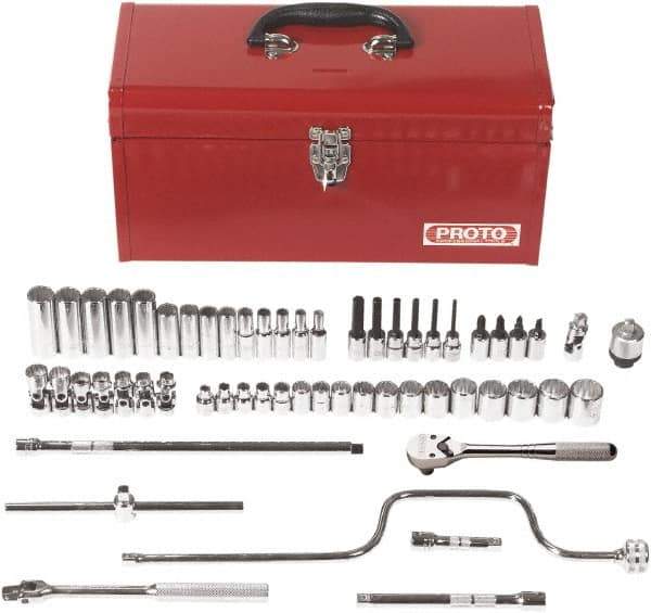 Proto - 57 Piece 3/8" Drive Chrome Finish Deep Well Socket Set - 12 Points, 6mm to 22mm Range, Metric Measurement Standard - Industrial Tool & Supply