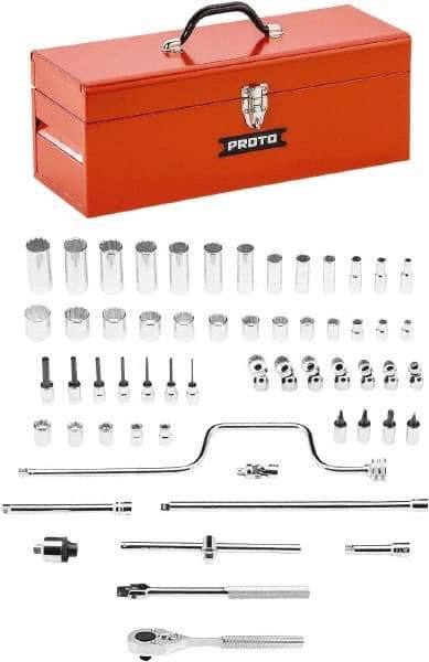 Proto - 58 Piece 3/8" Drive Chrome Finish Deep Well Socket Set - 8, 12 Points, 1/4" to 1" Range, Inch Measurement Standard - Industrial Tool & Supply