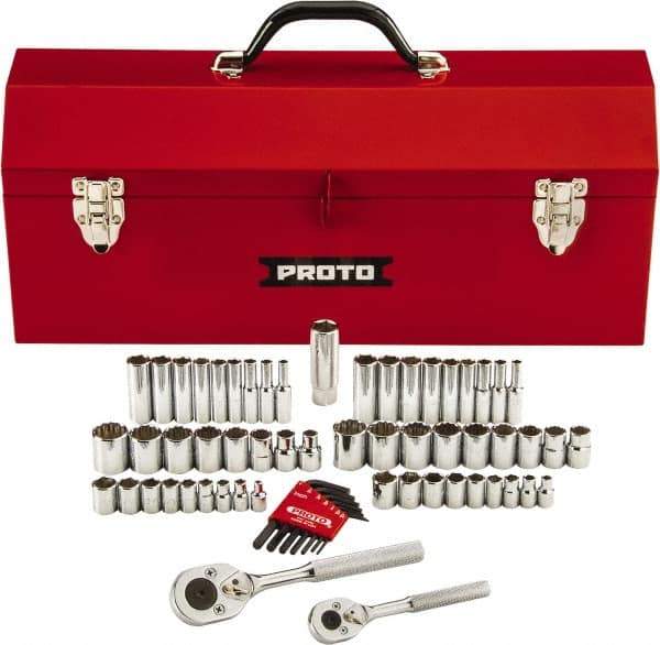 Proto - 63 Piece 1/4" & 3/8" Drive Chrome Finish Deep Well Socket Set - 6, 12 Points, 1/8" to 3/4" (5mm to 18mm) Range, Inch/Metric Measurement Standard - Industrial Tool & Supply
