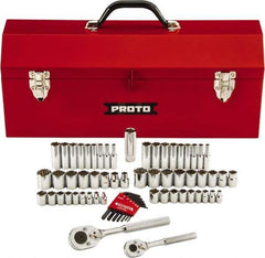 Proto - 63 Piece 1/4" & 3/8" Drive Chrome Finish Deep Well Socket Set - 6, 12 Points, 1/8" to 3/4" (5mm to 18mm) Range, Inch/Metric Measurement Standard - Industrial Tool & Supply
