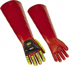 Ringers Gloves - Size S (8), 15" Long, 10 mil Thick, PVC Chemical Resistant Gloves - Textured Finish, KEVLAR Lined, Gauntlet Cuff, ANSI Abrasion Level 4, ANSI Cut Level 3, Hi-Viz Yellow/Red - Industrial Tool & Supply