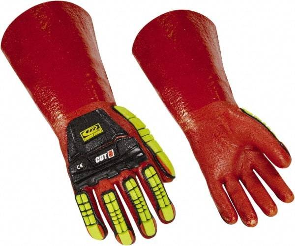 Ringers Gloves - Size M (10), 14" Long, 10 mil Thick, PVC Chemical Resistant Gloves - Textured Finish, KEVLAR Lined, Gauntlet Cuff, ANSI Abrasion Level 4, ANSI Cut Level 3, Hi-Viz Yellow/Red - Industrial Tool & Supply