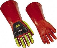 Ringers Gloves - Size M (10), 14" Long, 10 mil Thick, PVC Chemical Resistant Gloves - Textured Finish, KEVLAR Lined, Gauntlet Cuff, ANSI Abrasion Level 4, ANSI Cut Level 3, Hi-Viz Yellow/Red - Industrial Tool & Supply