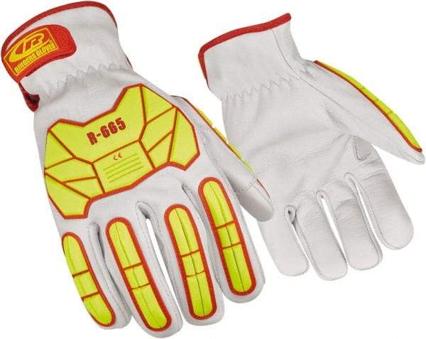 Ringers Gloves - Size 2XL (12), ANSI Cut Lvl 3, Goatskin Leather Cut Resistant Gloves - Hook & Loop Cuff, White/Hi-Vis Yellow, Paired - Industrial Tool & Supply