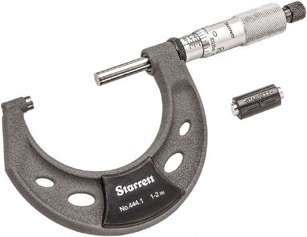 Starrett - 1 to 2" Range, 0.0001" Graduation, Mechanical Outside Micrometer - Ratchet Thimble, 1-1/4" Throat Depth, Accurate to 0.0001" - Industrial Tool & Supply