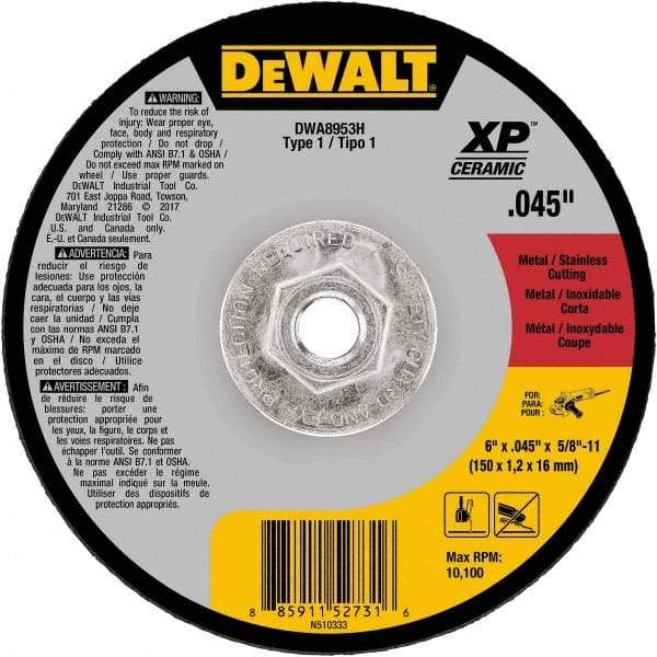 DeWALT - 6" Ceramic Cutoff Wheel - 0.045" Thick, 5/8-11 Arbor, 10,100 Max RPM, Use with Angle Grinders - Industrial Tool & Supply