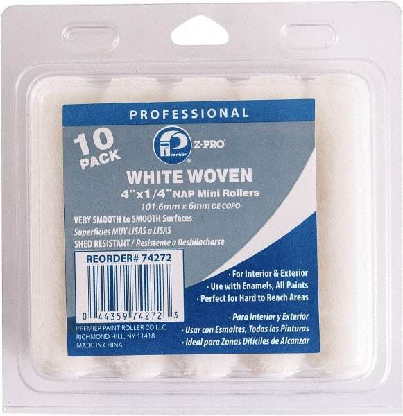 Premier Paint Roller - 1/4" Nap, 4" Wide Paint Mini Roller Covers - Smooth Texture, Woven - Industrial Tool & Supply