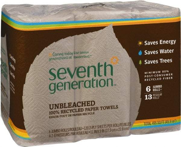 Seventh Generation - Perforated Roll of 2 Ply Brown Paper Towels - 11" Wide, No Added Dyes or Fragrances, Unbleached, 100% Recycled - Industrial Tool & Supply