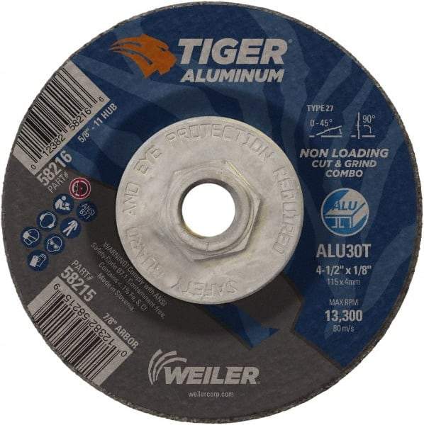 Weiler - 4-1/2" 30 Grit Aluminum Oxide/Silicon Carbide Blend Cutoff Wheel - 1/8" Thick, 5/8-11 Arbor, 13,300 Max RPM, Use with Angle Grinders - Industrial Tool & Supply