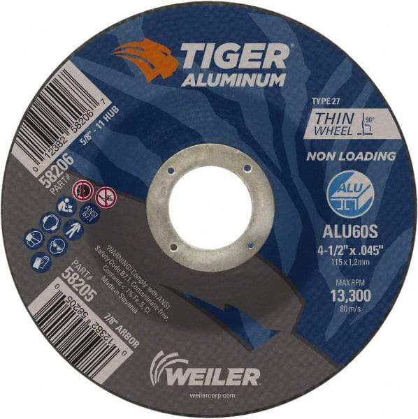 Weiler - 4-1/2" 60 Grit Aluminum Oxide/Silicon Carbide Blend Cutoff Wheel - 0.045" Thick, 7/8" Arbor, 13,300 Max RPM, Use with Angle Grinders - Industrial Tool & Supply