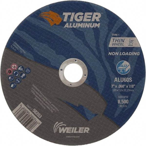 Weiler - 7" 60 Grit Aluminum Oxide/Silicon Carbide Blend Cutoff Wheel - 0.06" Thick, 7/8" Arbor, 8,500 Max RPM, Use with Angle Grinders - Industrial Tool & Supply