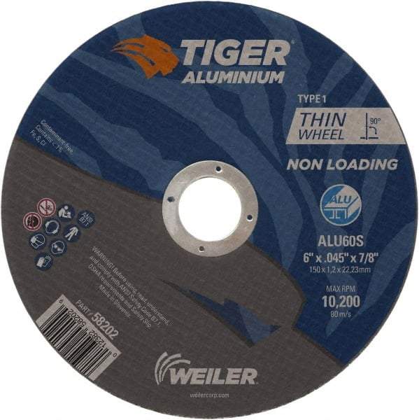 Weiler - 6" 60 Grit Aluminum Oxide/Silicon Carbide Blend Cutoff Wheel - 0.045" Thick, 7/8" Arbor, 10,200 Max RPM, Use with Angle Grinders - Industrial Tool & Supply