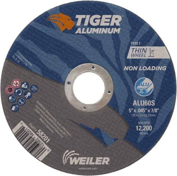 Weiler - 5" 60 Grit Aluminum Oxide/Silicon Carbide Blend Cutoff Wheel - 0.045" Thick, 7/8" Arbor, 12,200 Max RPM, Use with Angle Grinders - Industrial Tool & Supply