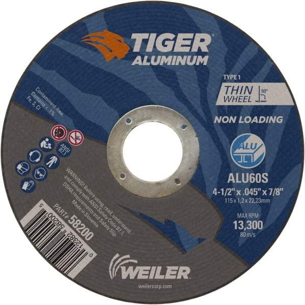 Weiler - 4-1/2" 60 Grit Aluminum Oxide/Silicon Carbide Blend Cutoff Wheel - 0.045" Thick, 7/8" Arbor, 13,300 Max RPM, Use with Angle Grinders - Industrial Tool & Supply