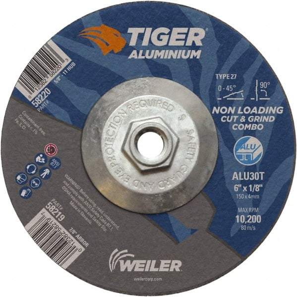 Weiler - 6" 30 Grit Aluminum Oxide/Silicon Carbide Blend Cutoff Wheel - 1/8" Thick, 5/8-11 Arbor, 10,200 Max RPM, Use with Angle Grinders - Industrial Tool & Supply