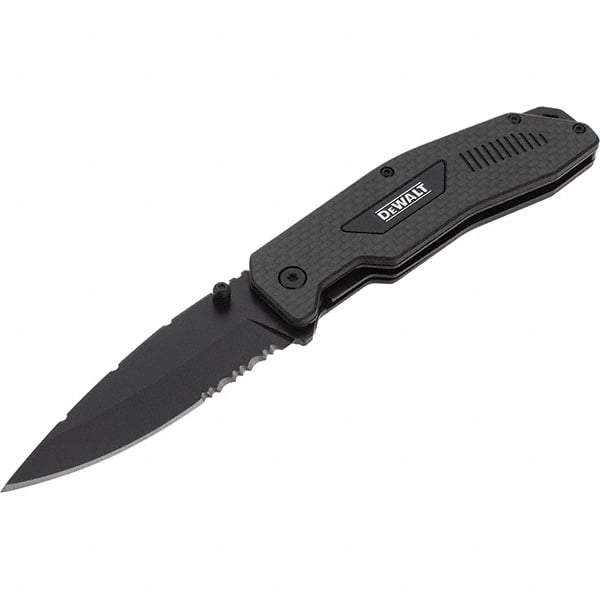 Stanley - 3-1/2" Blade, 8" OAL, Serrated & Straight Pocket Knife - 4-3/4" Closed Length, Carbon Fiber, 1 Blade, 1 Edge - Industrial Tool & Supply