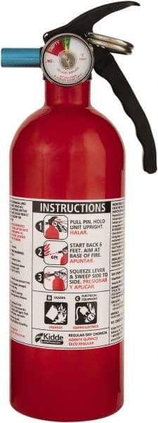 Kidde - 2 Lb, 5-B:C Rated, Dry Chemical Fire Extinguisher - 3-1/4" Diam x 10.95" High, 100 psi, 12' Discharge in 12 sec, Seamless Aluminum Cylinder - Industrial Tool & Supply