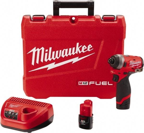 Milwaukee Tool - 1/4" Drive 12 Volt Pistol Grip Cordless Impact Wrench & Ratchet - 3,300 RPM, 0 to 4,000 BPM, 1,300 Ft/Lb Torque, 2 Lithium-Ion Batteries Included - Industrial Tool & Supply