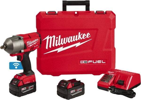 Milwaukee Tool - 1/2" Drive 18 Volt Pistol Grip Cordless Impact Wrench & Ratchet - 1,800 RPM, 0 to 2,400 BPM, 1,100 Ft/Lb Torque, 2 Lithium-Ion Batteries Included - Industrial Tool & Supply