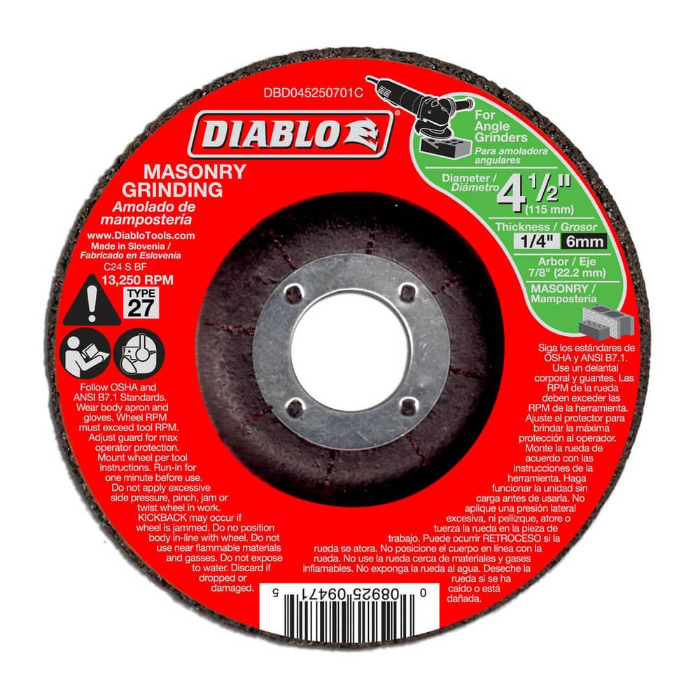 Cutoff Wheels; Wheel Type Number: Type 27; Wheel Diameter (Inch): 4-1/2; Wheel Thickness (Inch): 1/4; Hole Size: 7/8; Abrasive Material: Premium Silicone Carbide Blend; Maximum Rpm: 13250.000; Hole Shape: Round; Wheel Color: Red