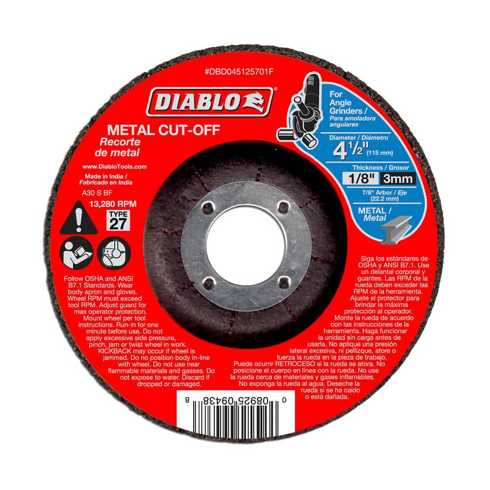 Cutoff Wheels; Wheel Type Number: Type 27; Wheel Diameter (Inch): 4-1/2; Wheel Thickness (Inch): 1/8; Hole Size: 7/8; Abrasive Material: Premium Aluminum Oxide Blend; Maximum Rpm: 13280.000; Hole Shape: Round; Wheel Color: Red