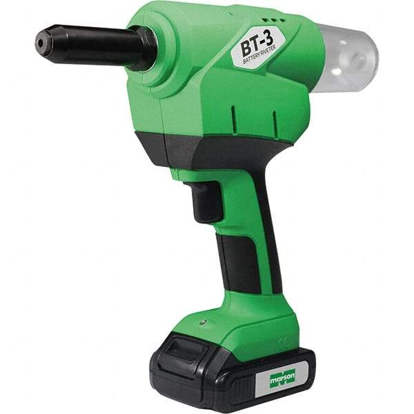 Marson - 3/16 to 1/4" Closed End Rivet Capacity , 4,600 Lb Pull Force Cordless Electric Riveter - 1.18" Stroke Length, 20 VDC, Mandrel Collection, Battery Included - Industrial Tool & Supply