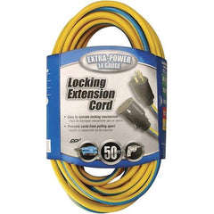 Southwire - 50', 14/3 Gauge/Conductors, Blue & Yellow Locking Extension Cord - 15 Amps, 125 VAC, UL SJTW, NEMA 5-15P - Industrial Tool & Supply