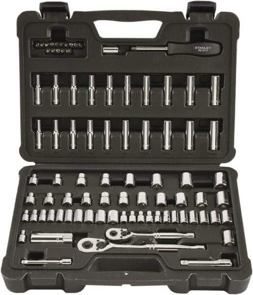 Stanley - 85 Piece 1/4" & 3/8" Drive Chrome Finish Socket Set - 12 Points, 5/32" to 7/8" (4mm to 19mm) Range, Inch/Metric Measurement Standard - Industrial Tool & Supply