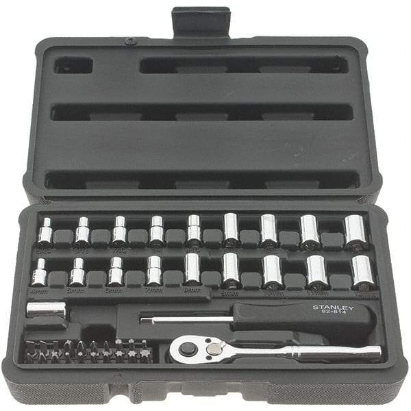 Stanley - 41 Piece 1/4" Drive Chrome Finish Socket Set - 12 Points, 5/32" to 11/16" (4mm to 17mm) Range, Inch/Metric Measurement Standard - Industrial Tool & Supply