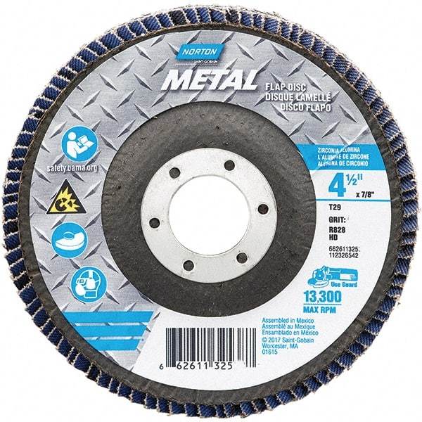 Norton - 60 Grit, 4-1/2" Disc Diam, 7/8" Center Hole, Type 29 Zirconia Alumina Flap Disc - 13,300 Max RPM, Fiberglass Backing, Arbor Attaching System, Coated - Industrial Tool & Supply