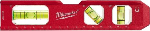 Milwaukee Tool - Magnetic 7" Long 3 Vial Torpedo Level - Aluminum, Red, 1 Level, 1 Plumb & 1 45° Vials - Industrial Tool & Supply