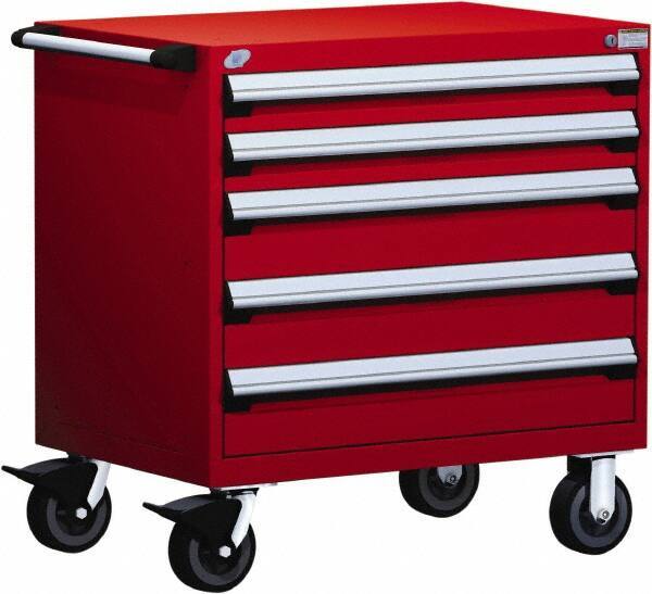 Rousseau Metal - 5 Drawer Steel Tool Roller Cabinet - 30" Wide x 37-1/2" High x 21" Deep, Ball Bearing Drawer Slides, Red - Industrial Tool & Supply